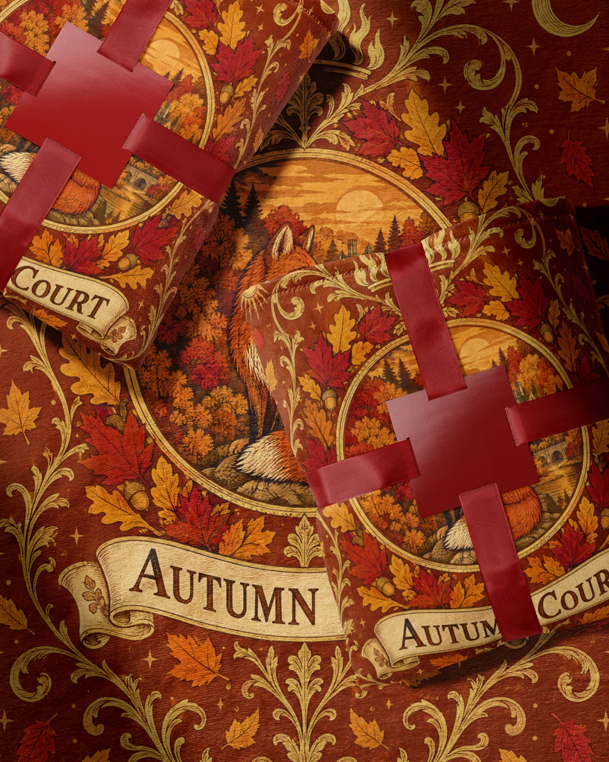 Autumn Court Fox Crest Velveteen Plush Blanket wrapped as a gift