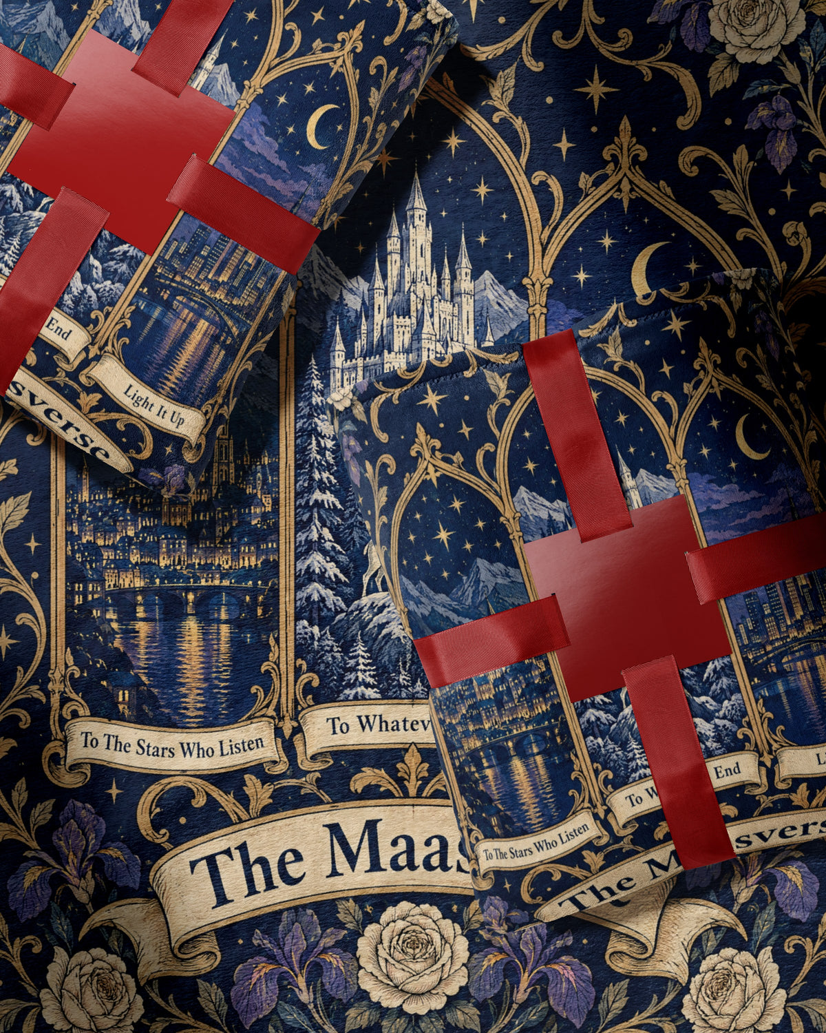 Maasverse Three Realms Crest Velveteen Plush Blanket wrapped as a gift