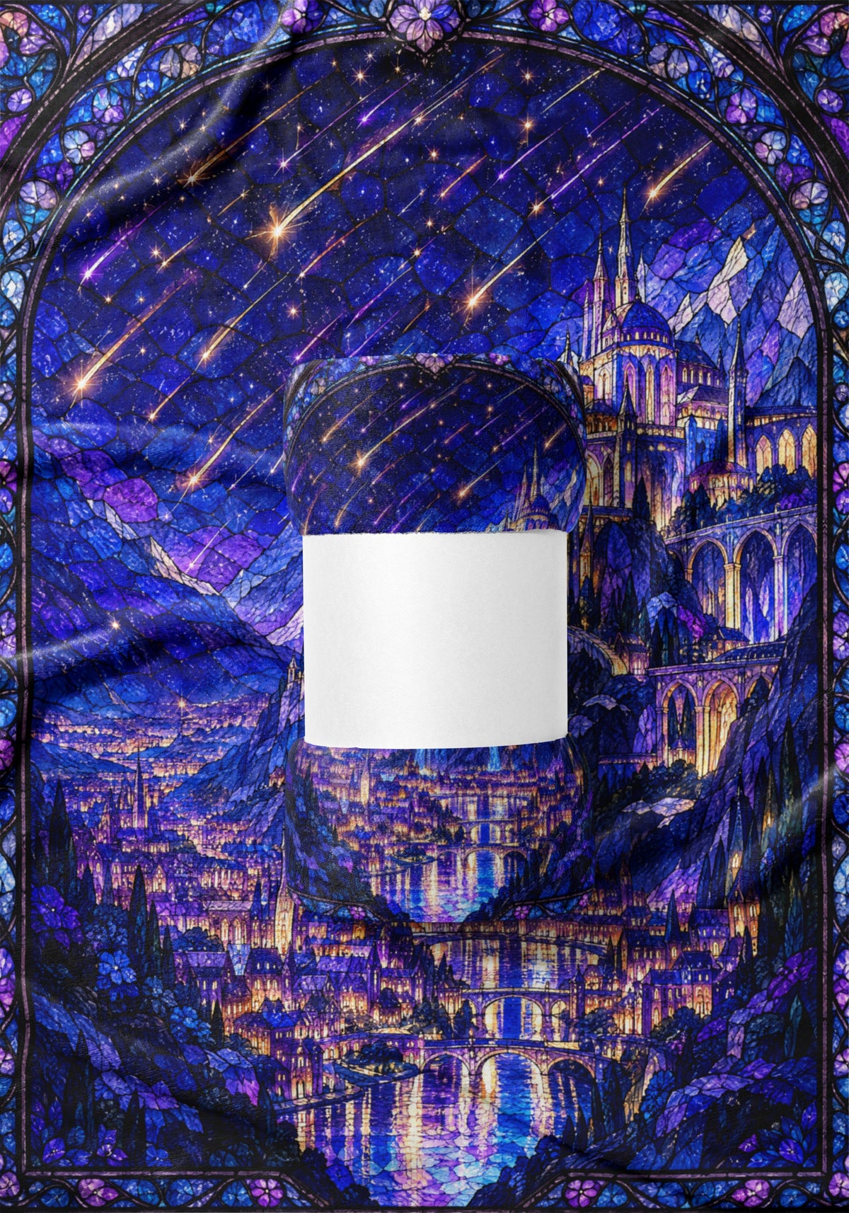 Starfall over Velaris Stained Glass Velveteen Plush Blanket draped