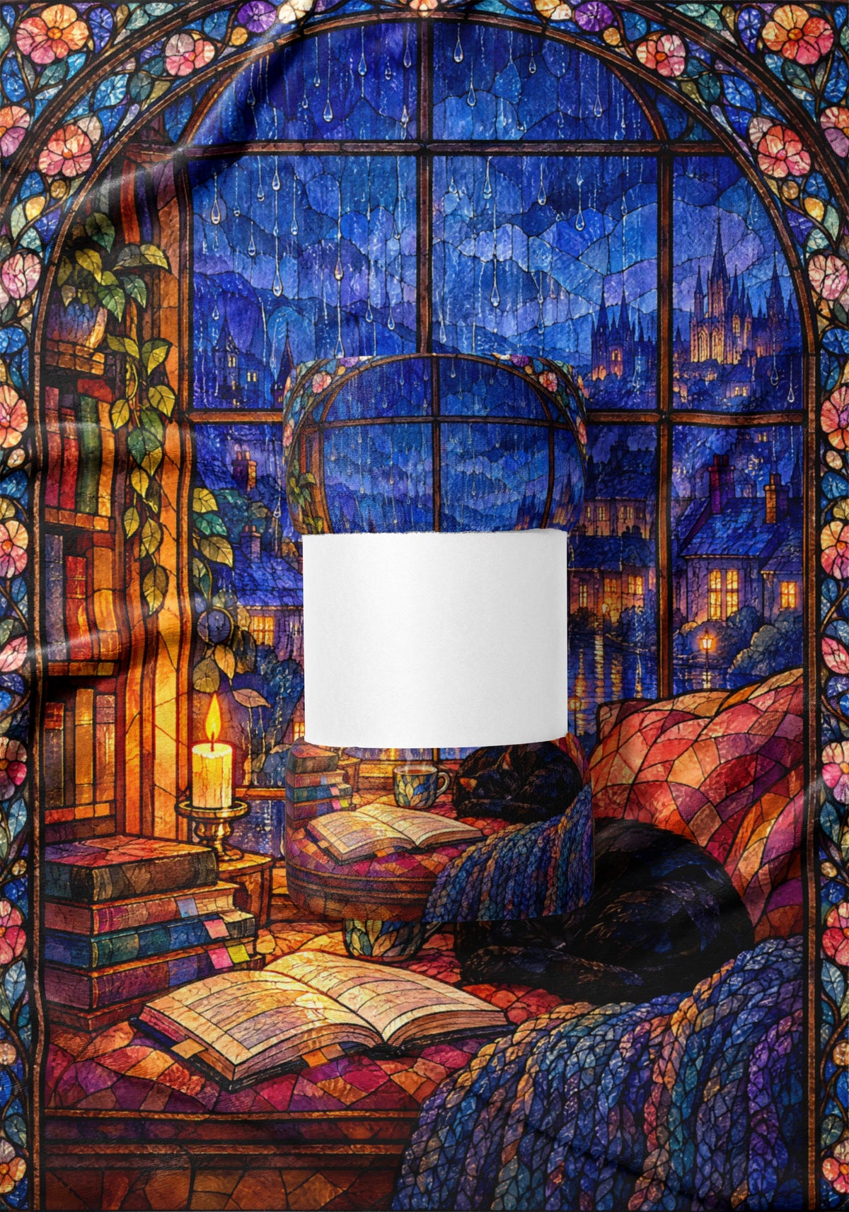 The Reader's Window Stained Glass Velveteen Plush Blanket draped