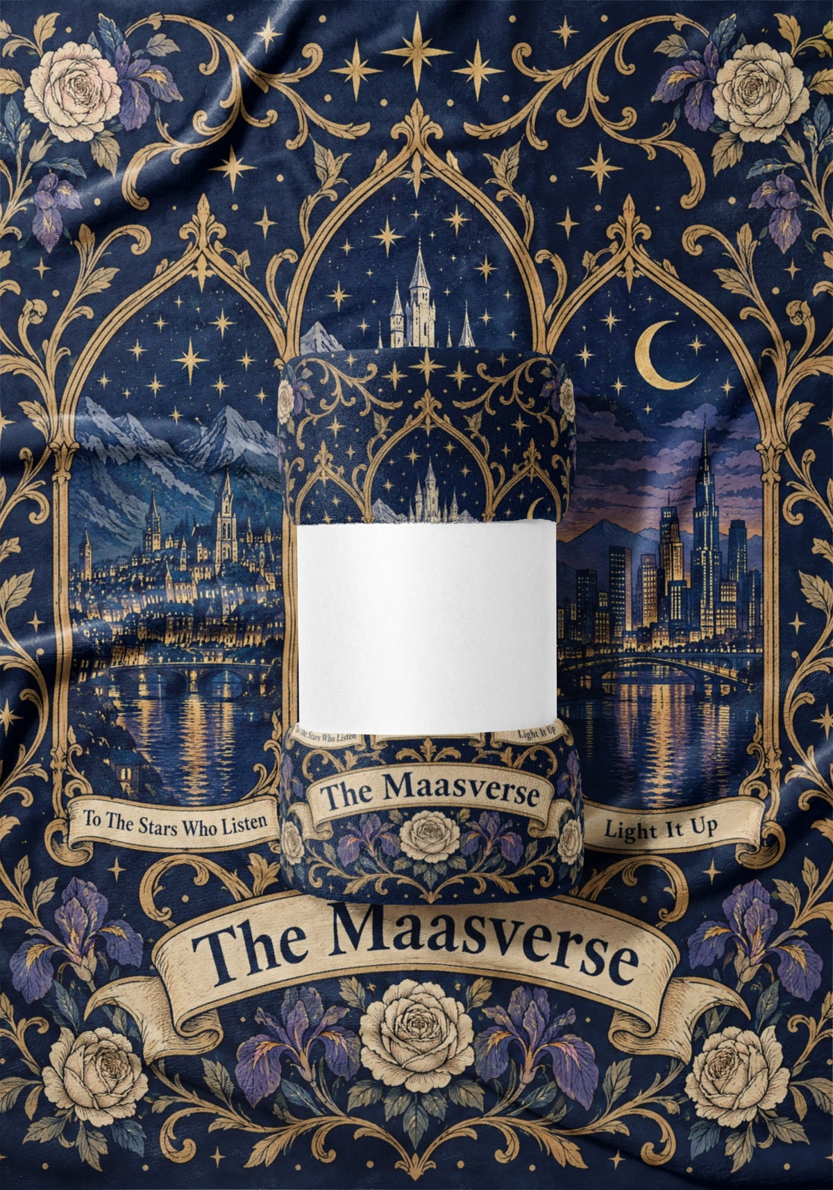 Maasverse Three Realms Crest Velveteen Plush Blanket draped