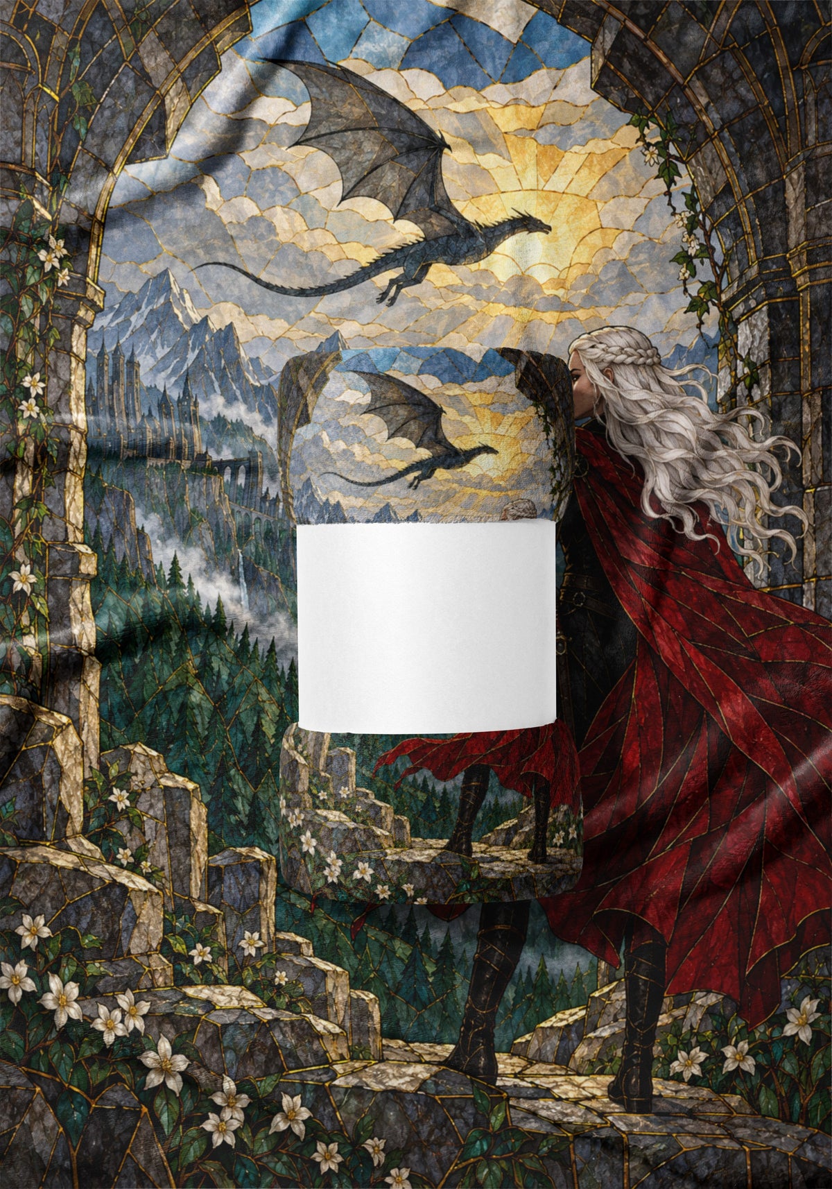 Wyvern at the Mountain Pass Velveteen Plush Blanket draped