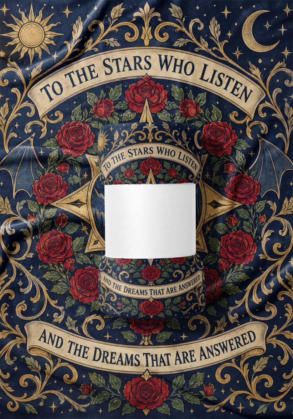 To The Stars Who Listen Rose Crest Velveteen Plush Blanket draped