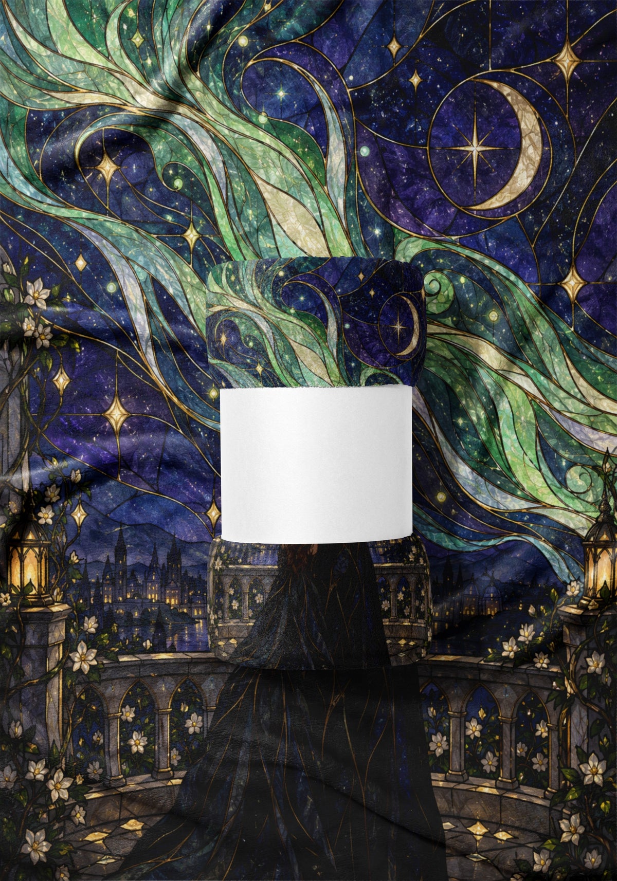Starfall Stained Glass Velveteen Plush Blanket draped