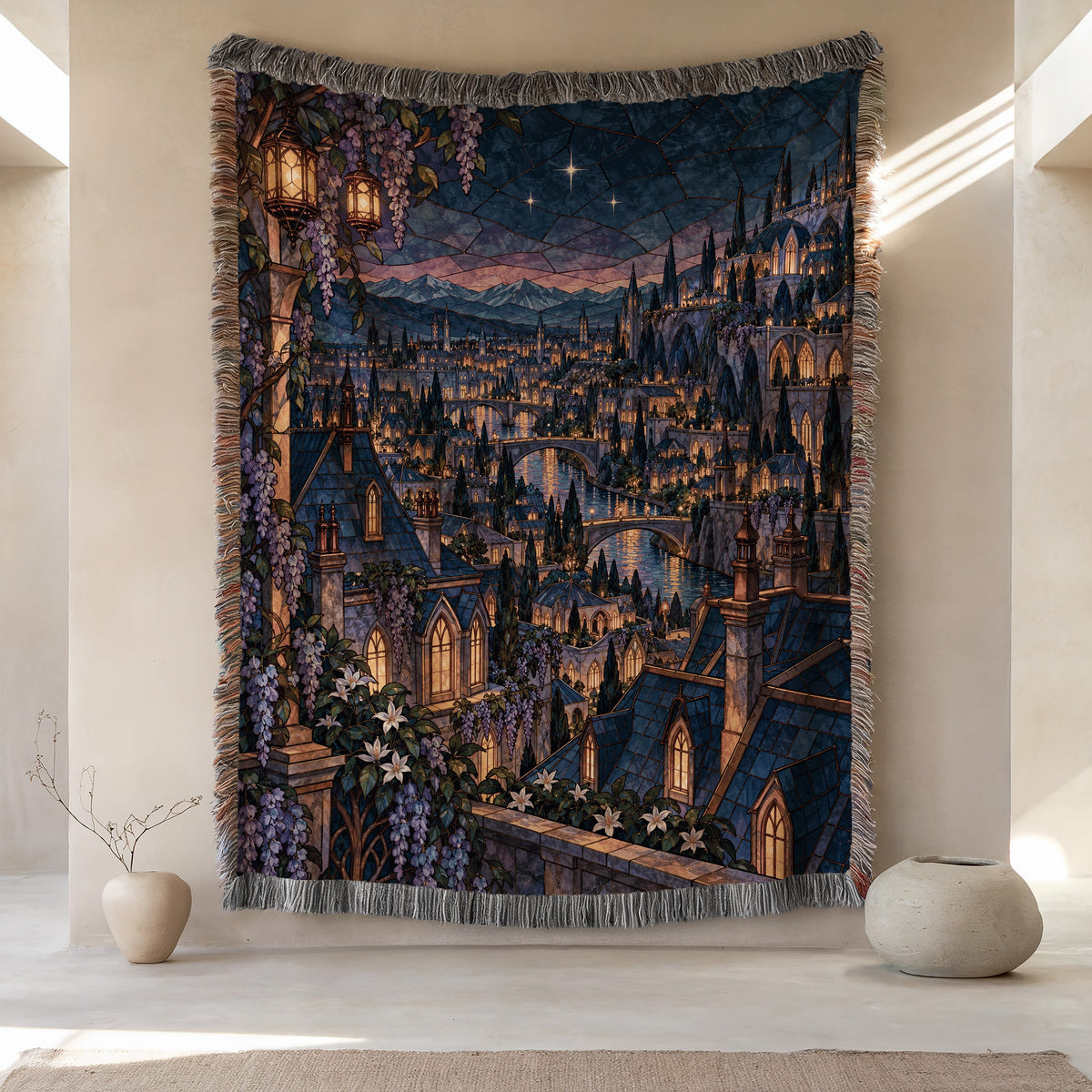 Velaris Rooftop Woven Throw Blanket hanging on a wall