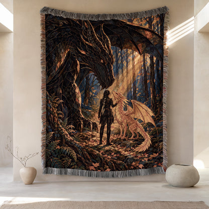 Three Bonds Woven Throw Blanket hanging on a wall