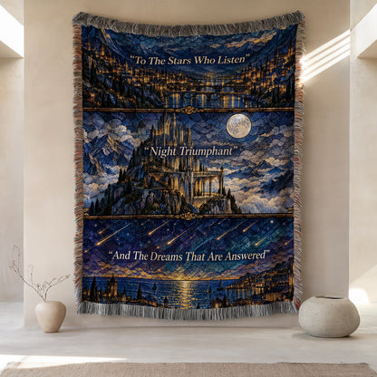 Night Court Stained Glass Woven Throw Blanket hanging on a wall