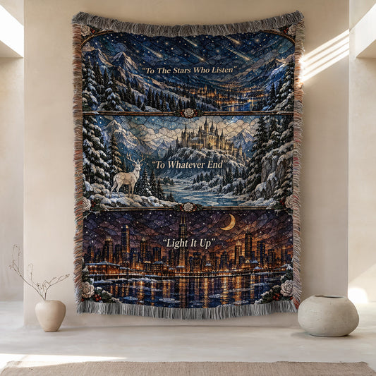Winter Maasverse Stained Glass Woven Throw Blanket hanging on a wall
