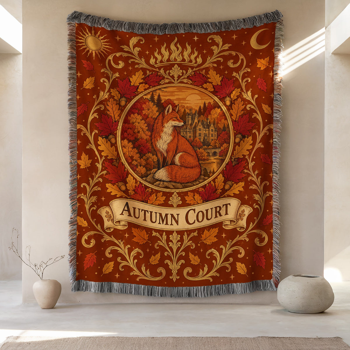 Autumn Court Fox Crest Woven Throw Blanket hanging on a wall