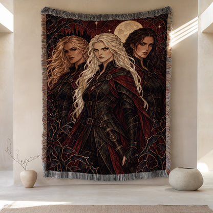 Ice, Fire, and Stone Woven Throw Blanket hanging on a wall