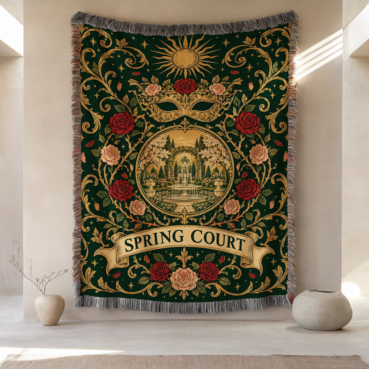Spring Court Masquerade Crest Woven Throw Blanket hanging on a wall