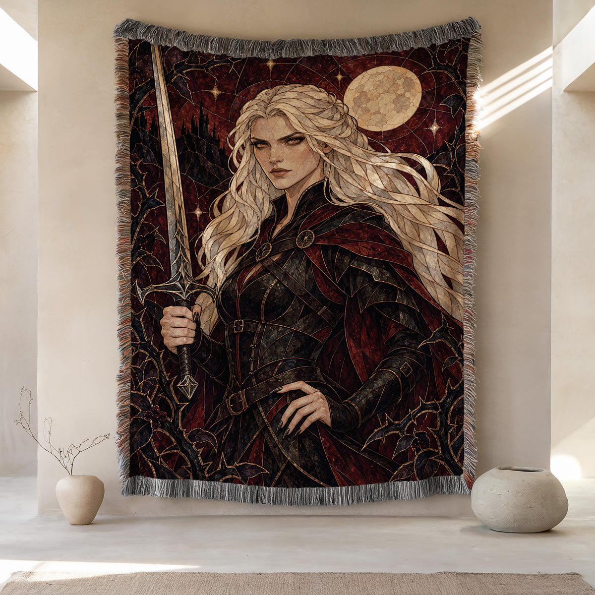 Iron Queen Woven Throw Blanket hanging on a wall