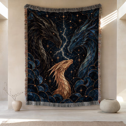 Dragon Bond Woven Throw Blanket hanging on a wall
