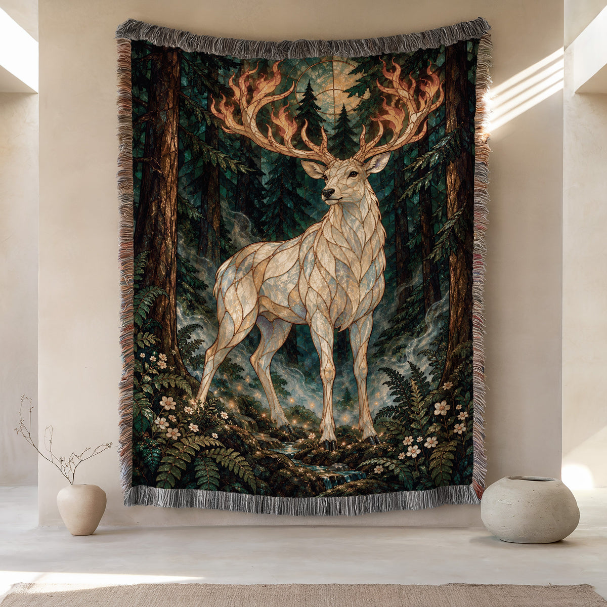 Terrasen Stag Woven Throw Blanket hanging on a wall