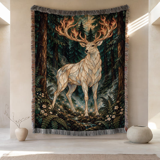 Terrasen Stag Woven Throw Blanket hanging on a wall