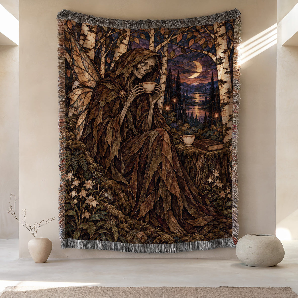 Suriel Tea Woven Throw Blanket hanging on a wall