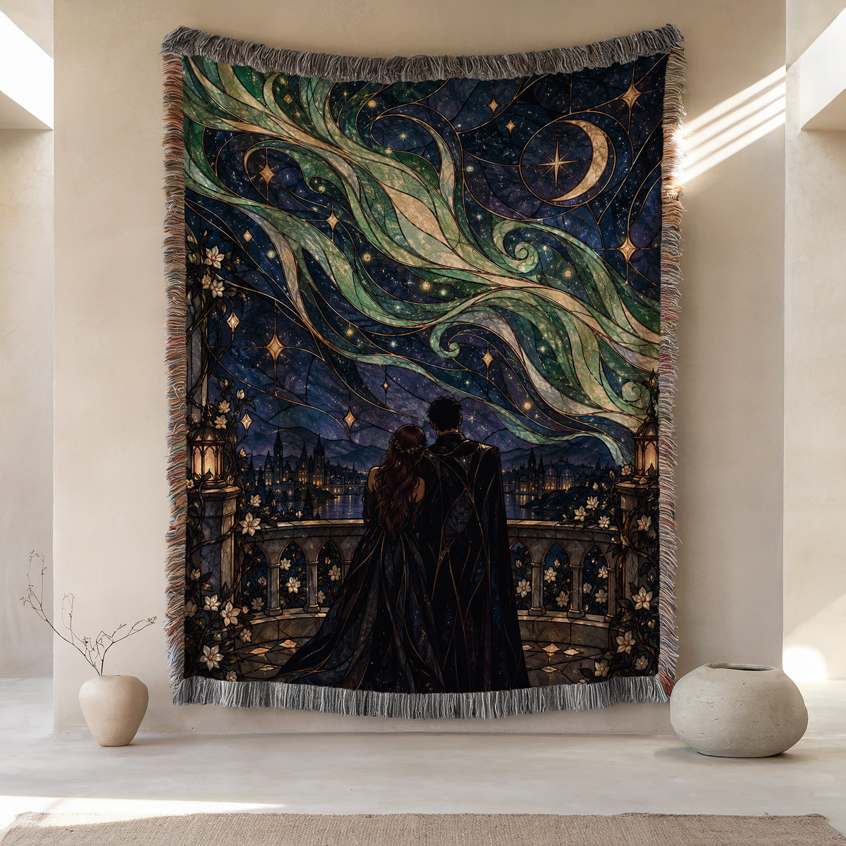 Starfall Stained Glass Woven Throw Blanket hanging on a wall