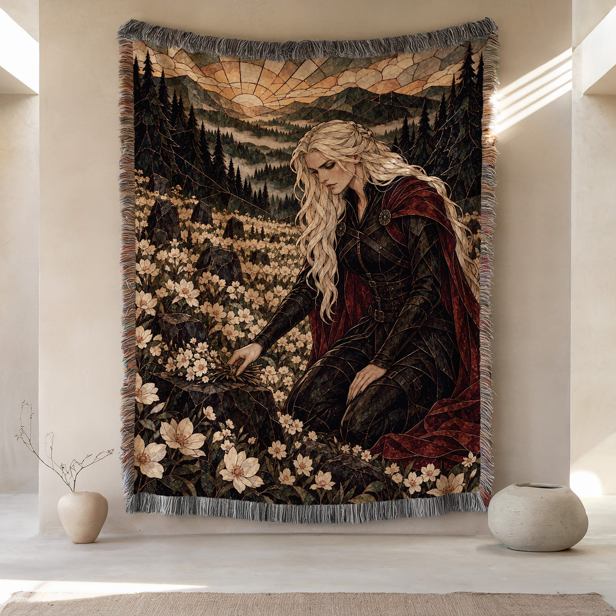 Flowers for the Fallen Woven Throw Blanket hanging on a wall