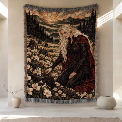 Flowers for the Fallen Woven Throw Blanket hanging on a wall