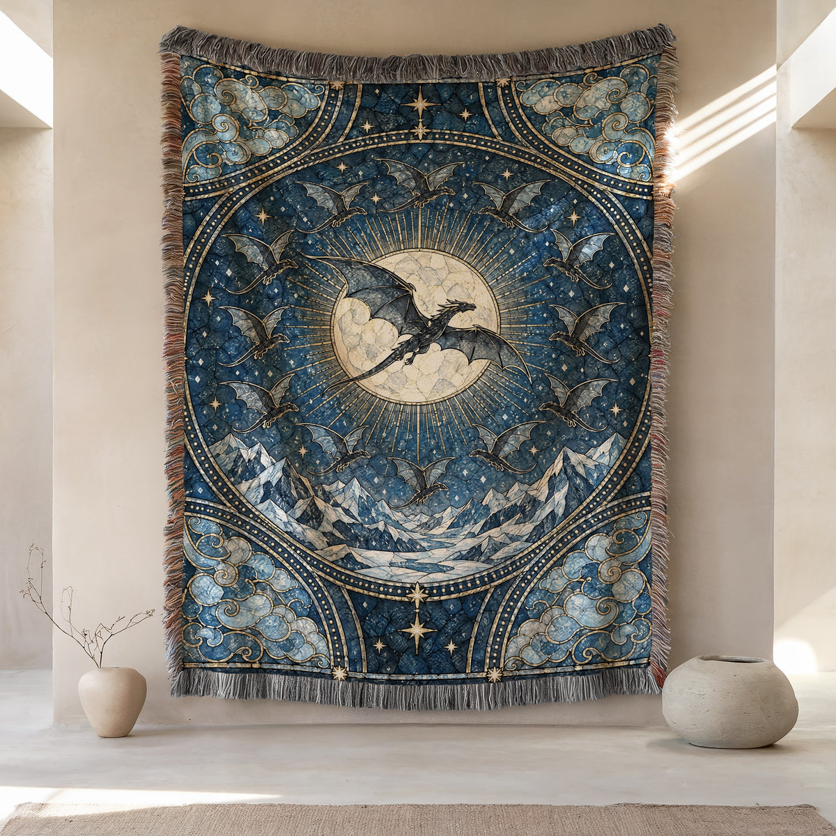 The Thirteen Stained Glass Woven Throw Blanket hanging on a wall