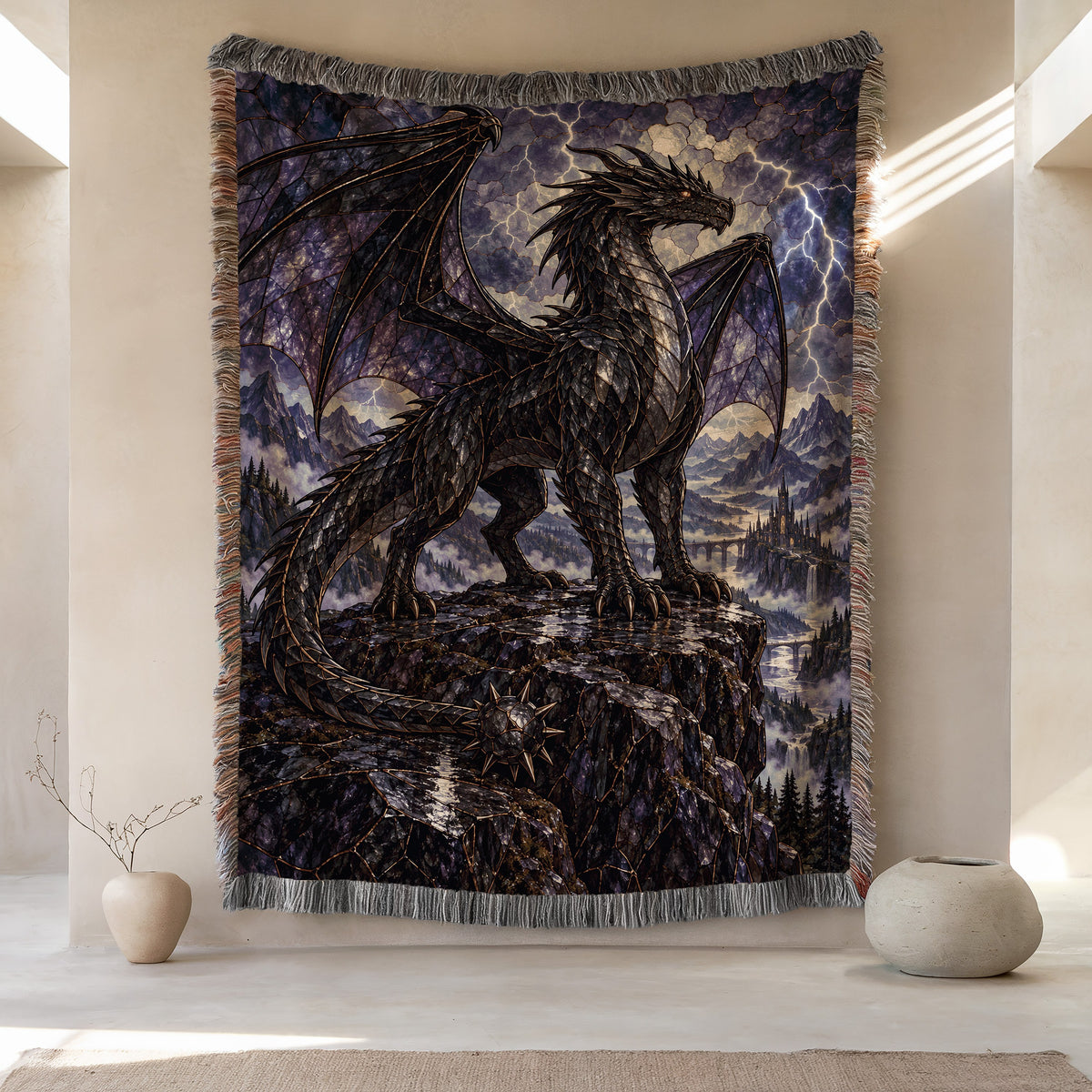 Storm Tairn Woven Throw Blanket hanging on a wall