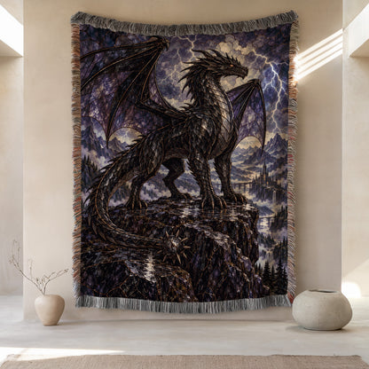 Storm Tairn Woven Throw Blanket hanging on a wall