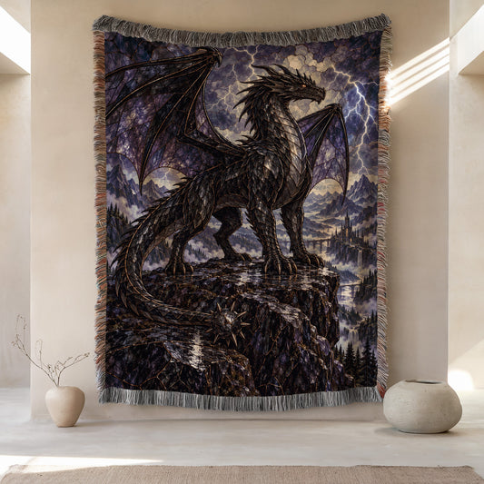 Storm Tairn Woven Throw Blanket hanging on a wall