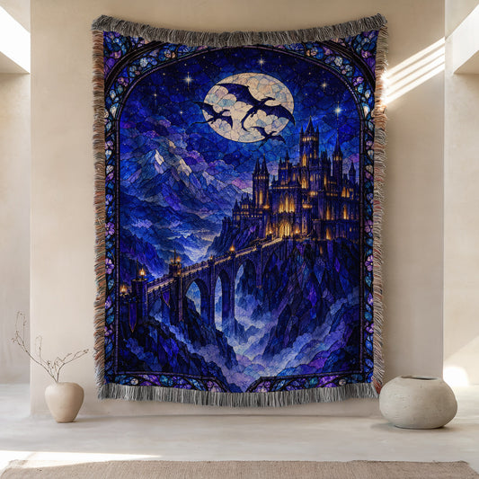 Basgiath by Night Stained Glass Woven Throw Blanket hanging on a wall