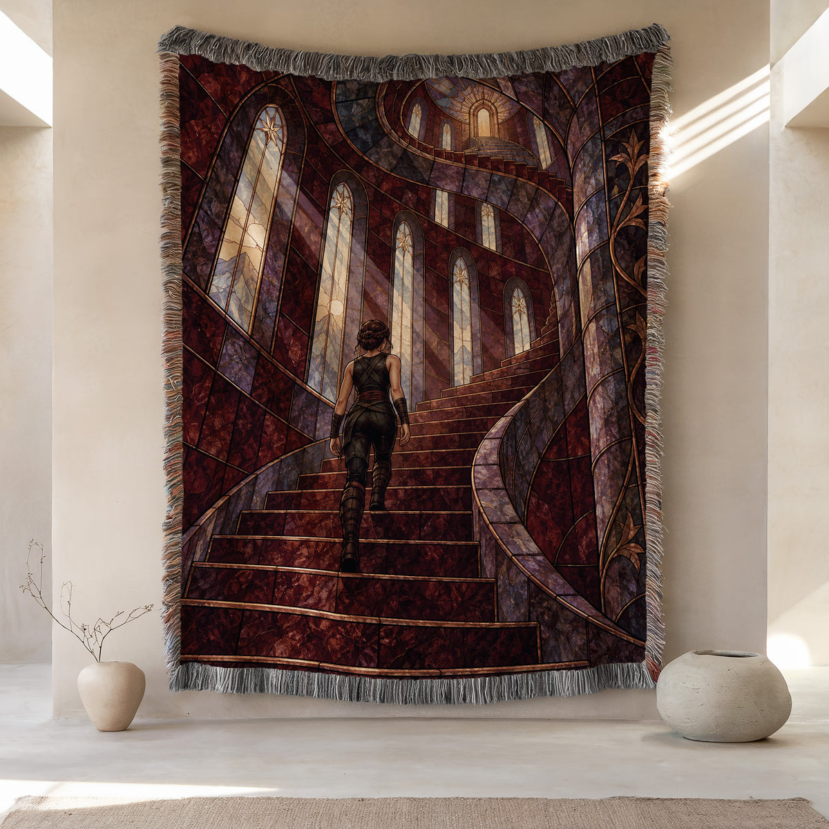 Nesta's Staircase Woven Throw Blanket hanging on a wall