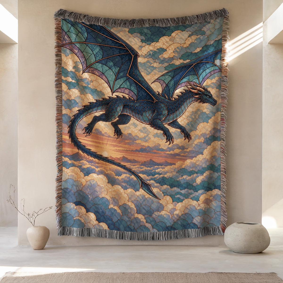 Sgaeyl Dragon Woven Throw Blanket hanging on a wall