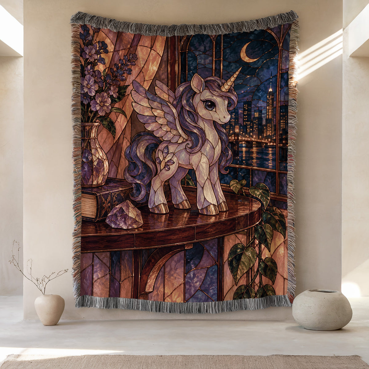 Pegasus Woven Throw Blanket hanging on a wall