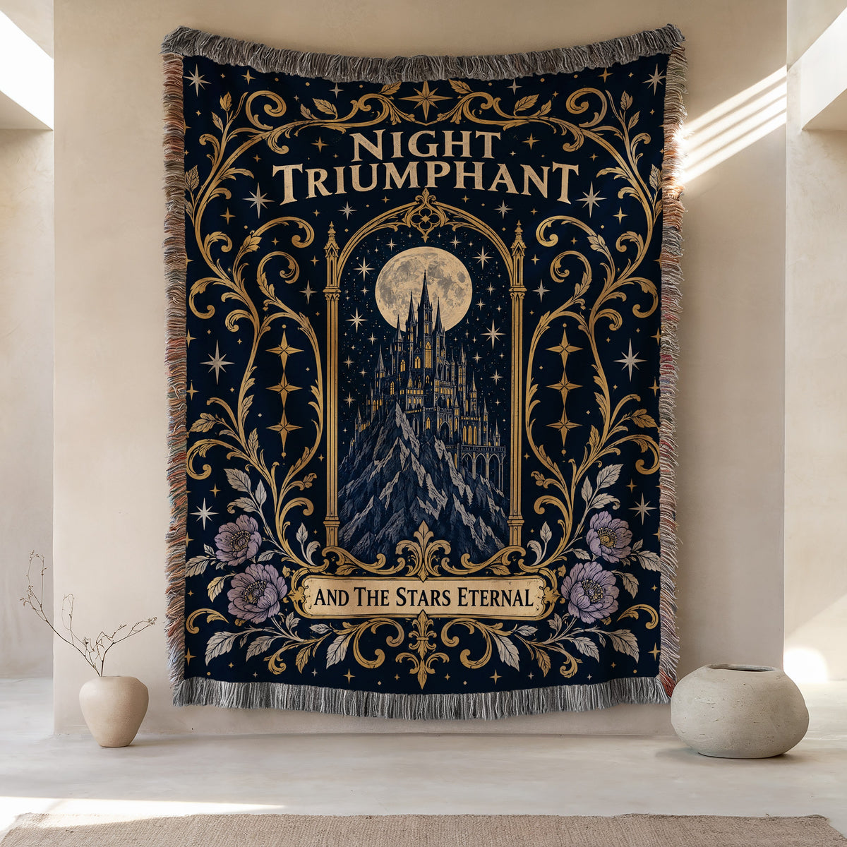 Night Triumphant Crest Woven Throw Blanket hanging on a wall