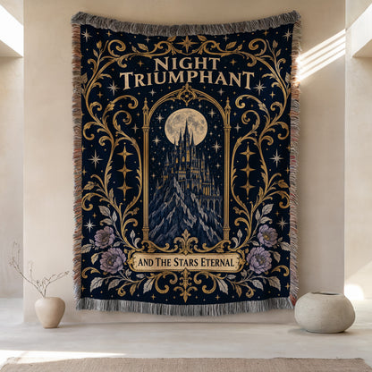 Night Triumphant Crest Woven Throw Blanket hanging on a wall