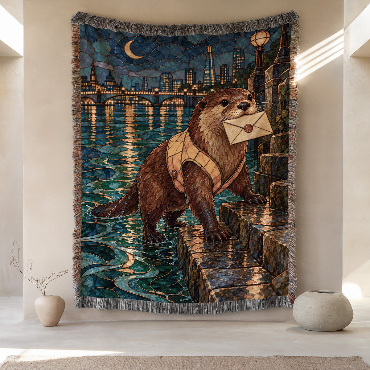 Otter Woven Throw Blanket hanging on a wall