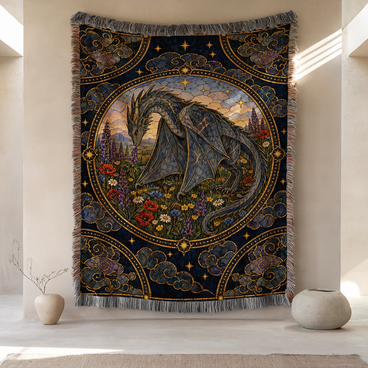 Abraxos in Bloom Stained Glass Woven Throw Blanket hanging on a wall