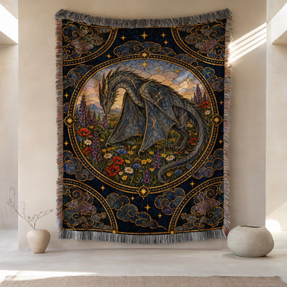 Abraxos in Bloom Stained Glass Woven Throw Blanket hanging on a wall