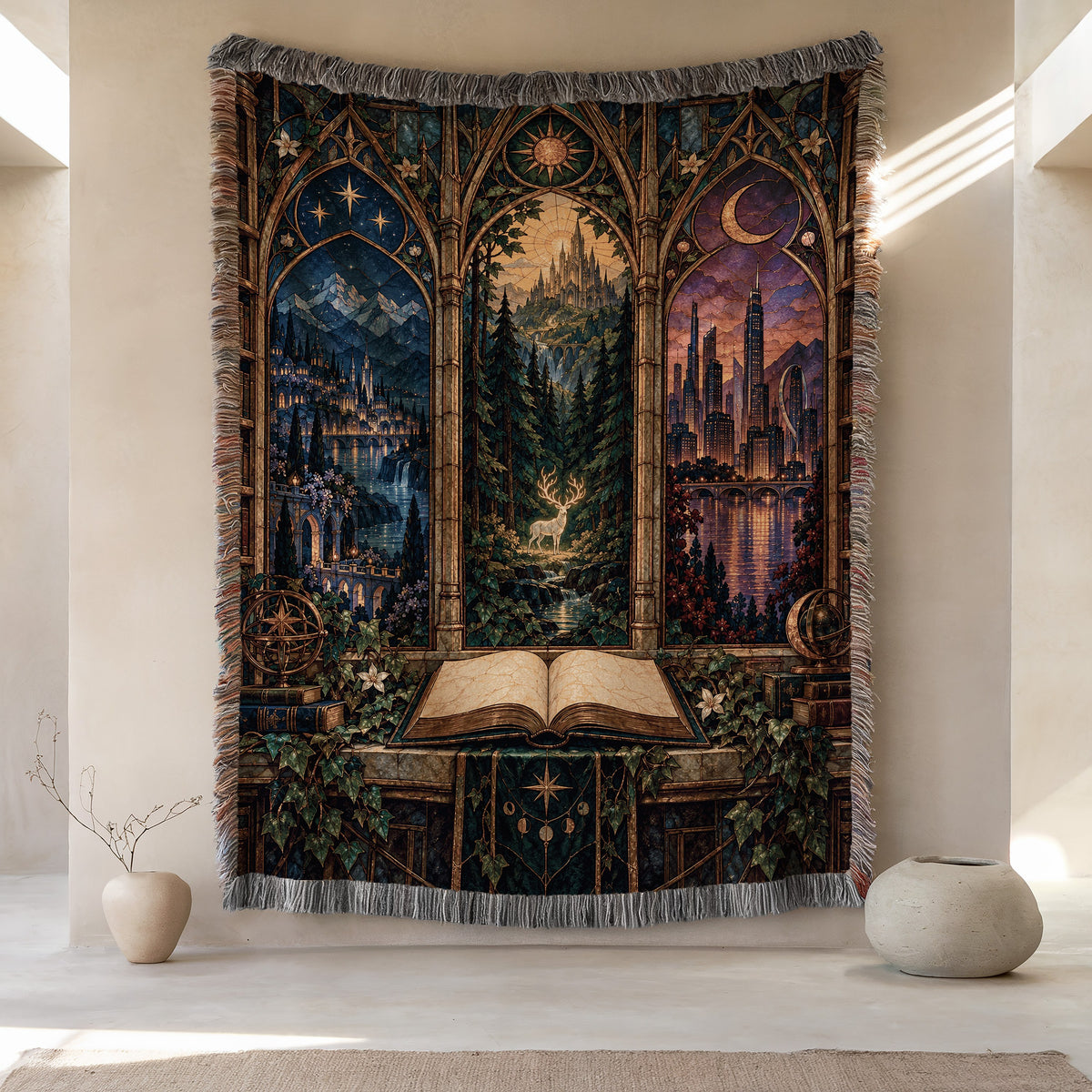 Maasverse Realms Woven Throw Blanket hanging on a wall