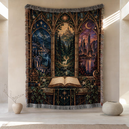 Maasverse Realms Woven Throw Blanket hanging on a wall