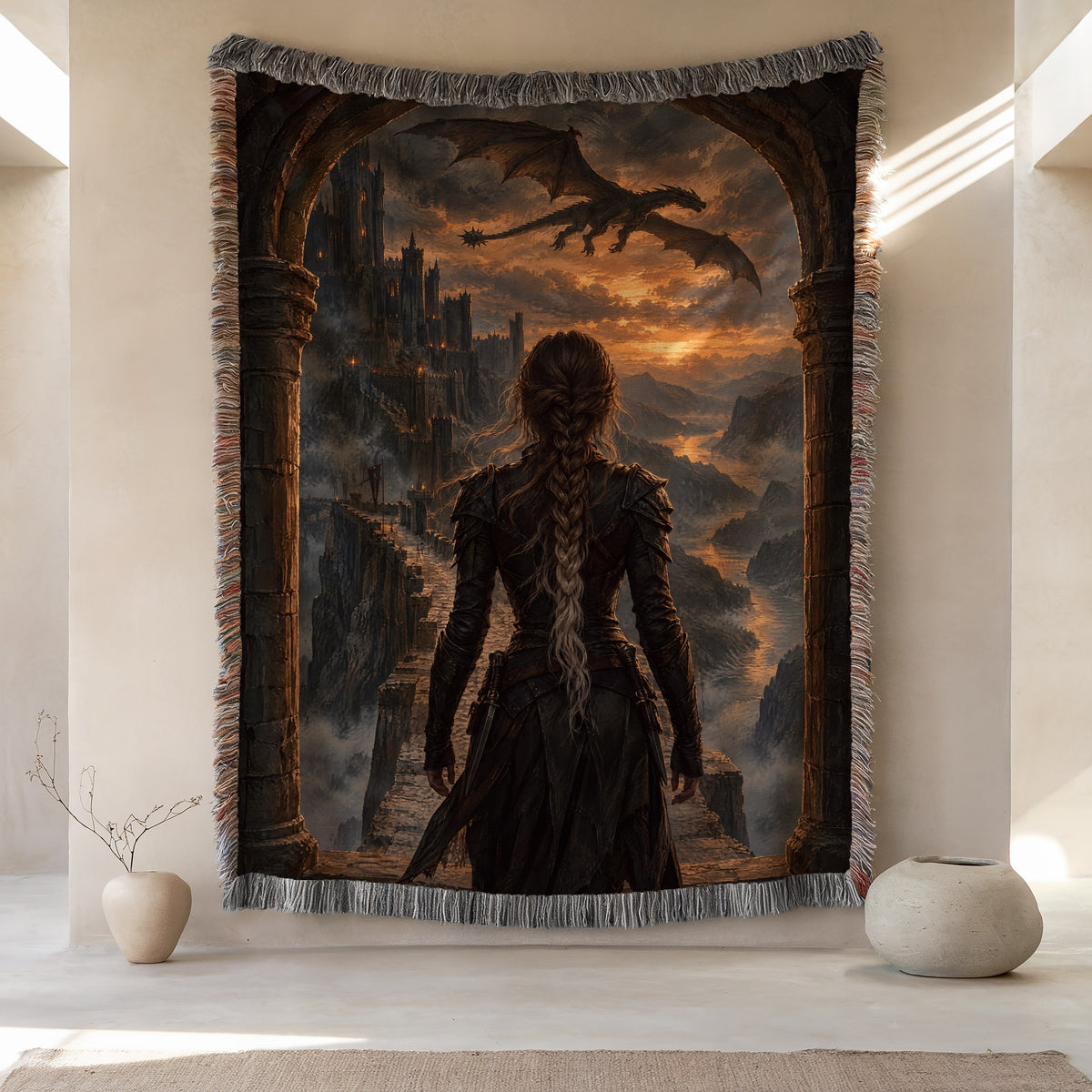 Violet at the Parapet Woven Throw Blanket hanging on a wall