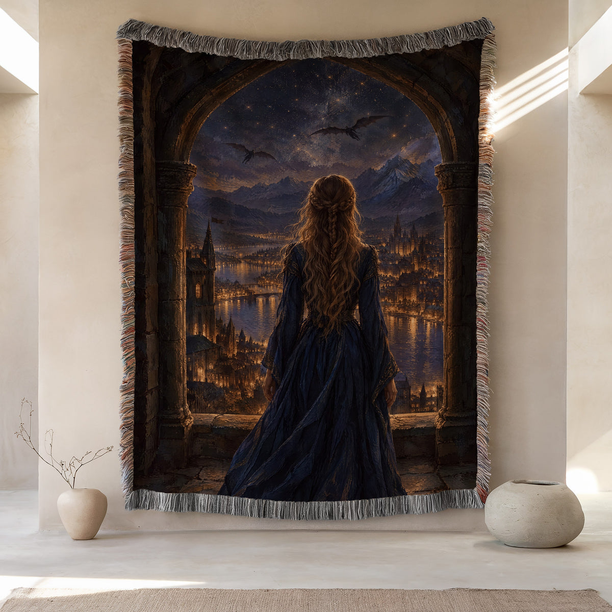 Feyre over Velaris Woven Throw Blanket hanging on a wall