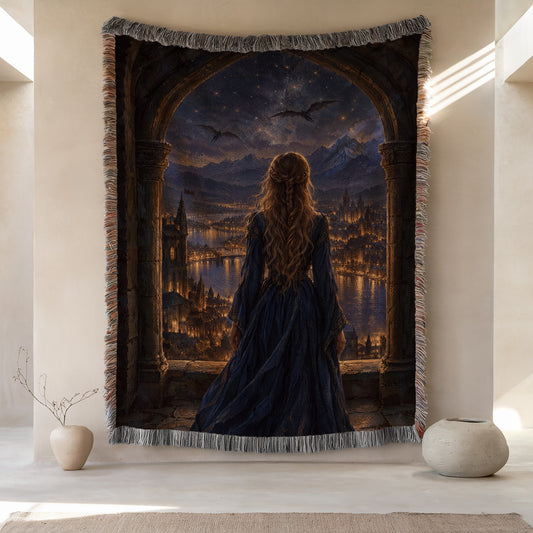 Feyre over Velaris Woven Throw Blanket hanging on a wall