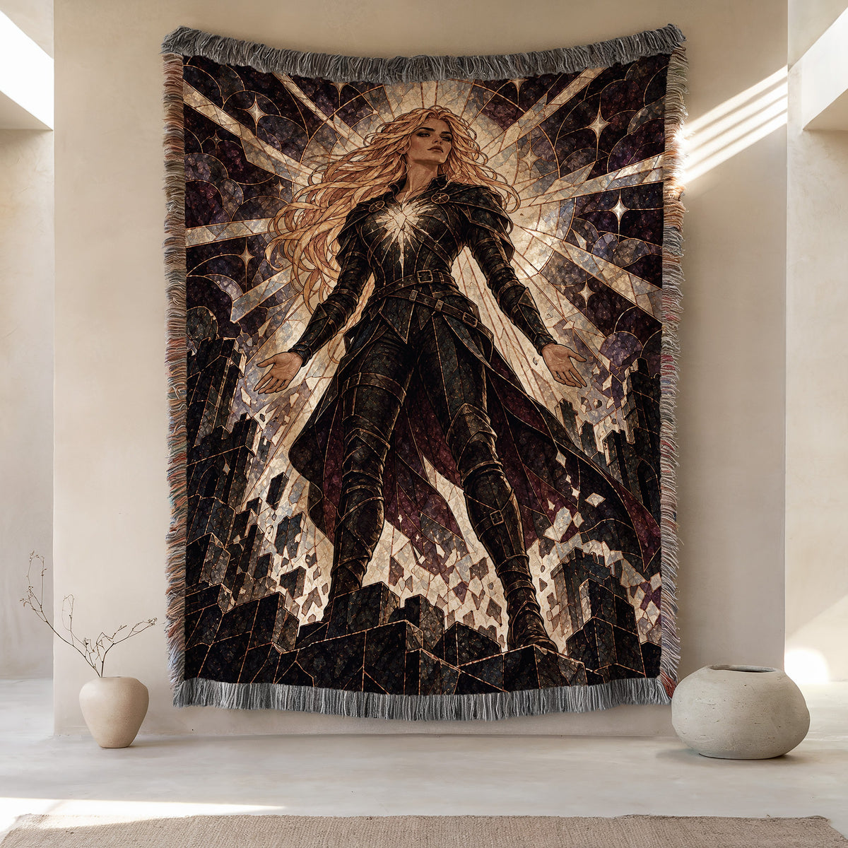 Asterin's Yielding Woven Throw Blanket hanging on a wall