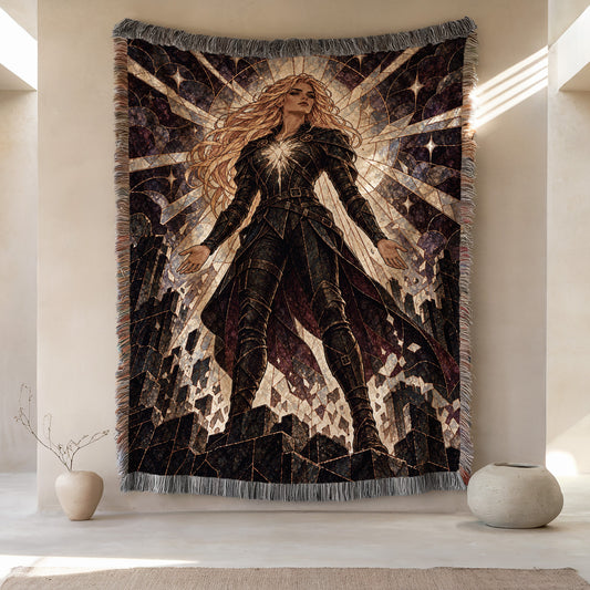 Asterin's Yielding Woven Throw Blanket hanging on a wall