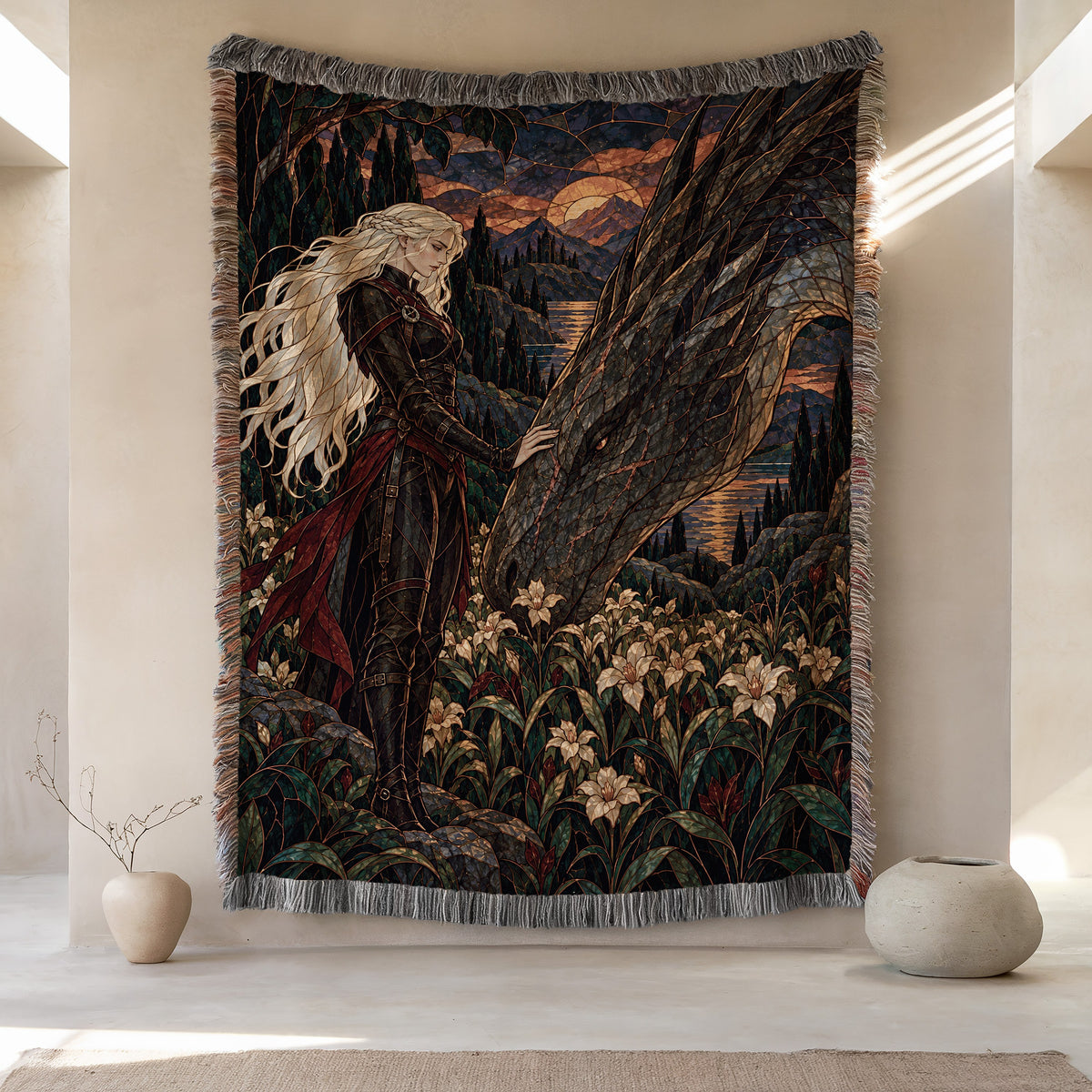 Wildflower Truce Woven Throw Blanket hanging on a wall