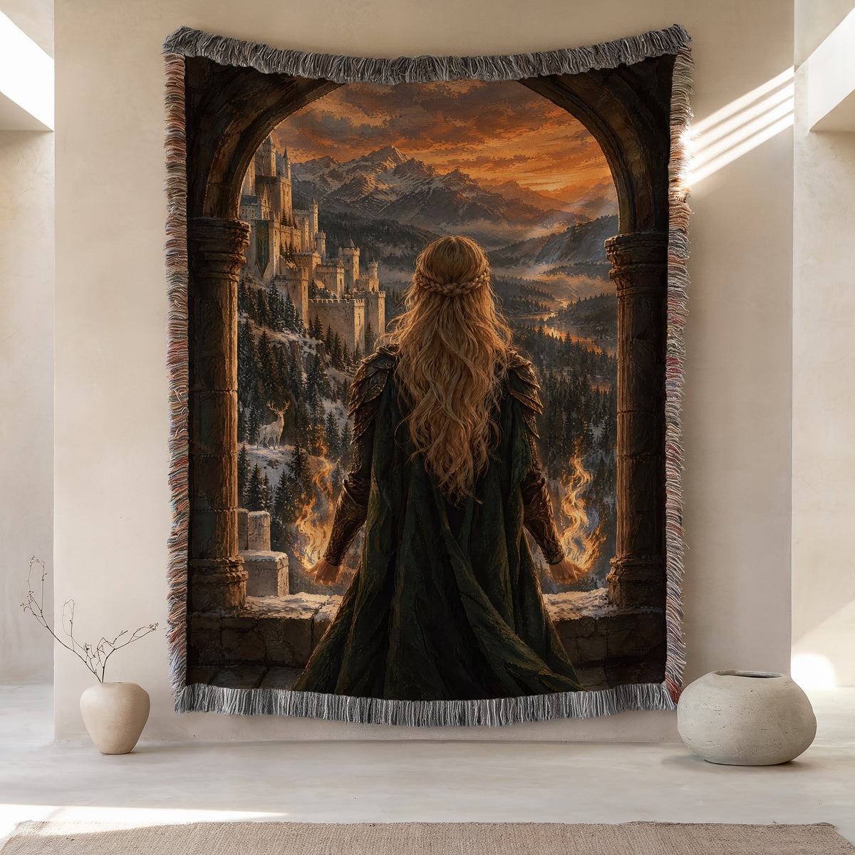 Aelin on the Walls of Orynth Woven Throw Blanket hanging on a wall