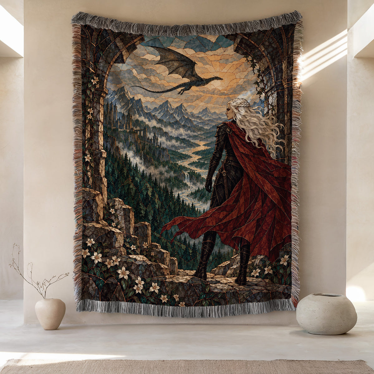 Wyvern at the Mountain Pass Woven Throw Blanket hanging on a wall