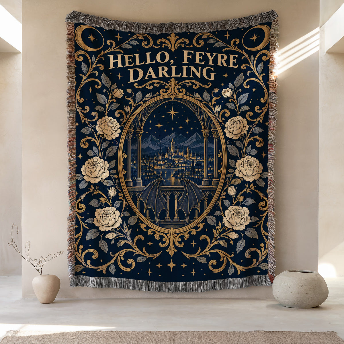 Hello Feyre Darling Crest Woven Throw Blanket hanging on a wall
