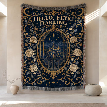 Hello Feyre Darling Crest Woven Throw Blanket hanging on a wall