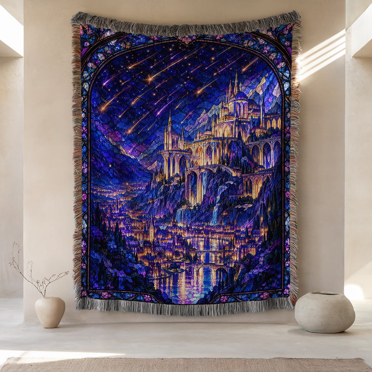 Starfall over Velaris Stained Glass Woven Throw Blanket hanging on a wall