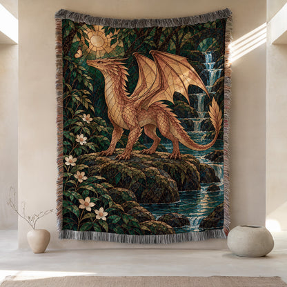 Gold Andarna Woven Throw Blanket hanging on a wall
